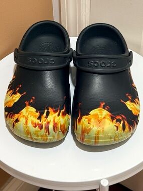 CROCS Black Clogs with Yellow & Orange Flame Print